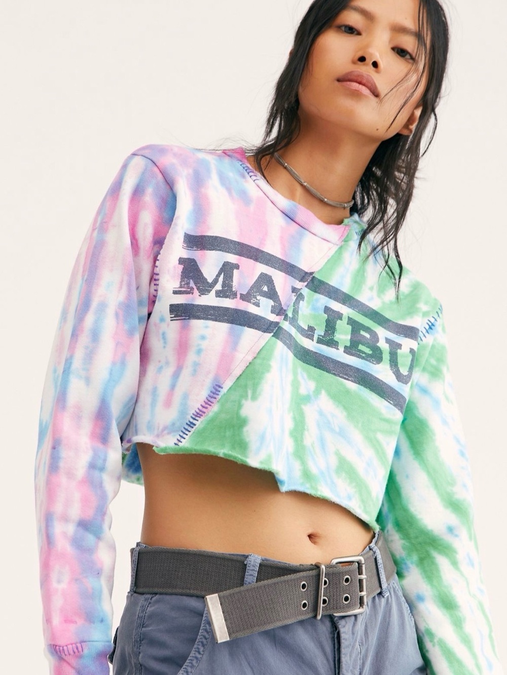 Malibu Cropped Tie-Dye Sweatshirt in Pastel Pink, Blue & Green
